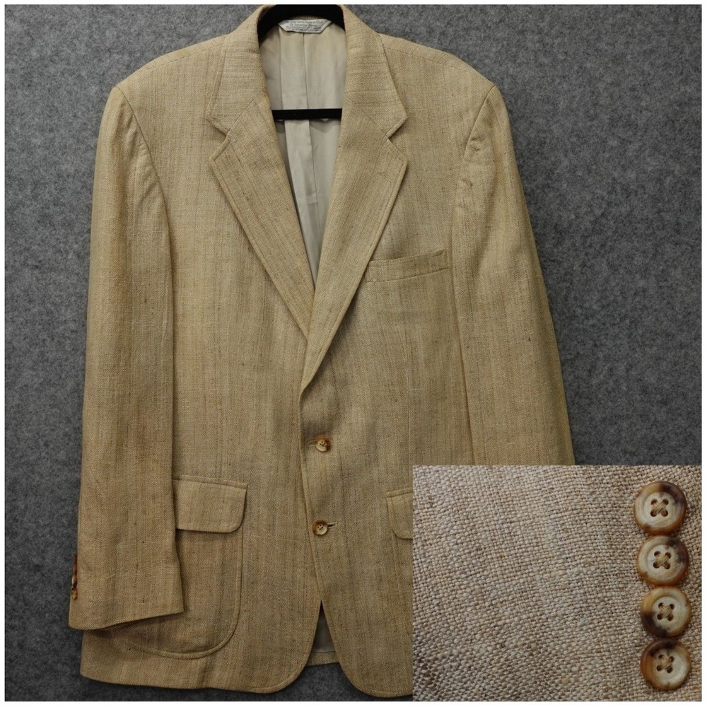 Vintage Lands End Sport Coat Men 40L Beige Linen Hopsack Jacket Summer Light USA